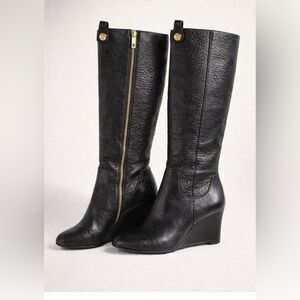 Tory Burch Black Leather Wedge Knee-High Boots Size 9